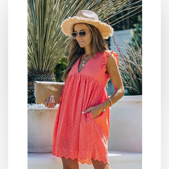 Cotton Eyelet California Romper Dress with Pockets - Coral Rose - Shorts Lined - Picture 2 of 9